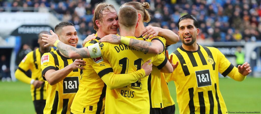 Dortmund players celebrate a successful goal